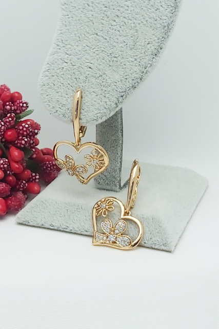 Rose Altın Kaplama Vip Seri Çiçekli Kalp Sallantılı Zarif Küpe 3 cm