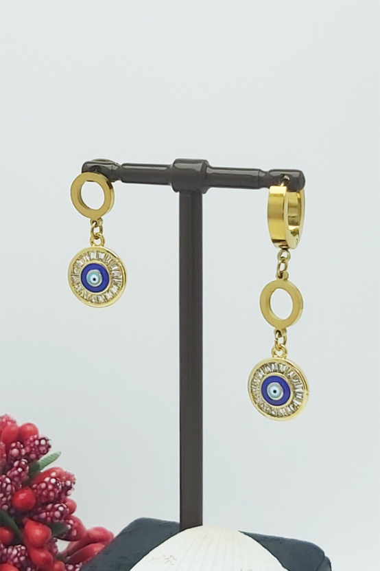 Altın Kaplama Baget Taşlı Nazarlık Çelik Küpe 4 cm