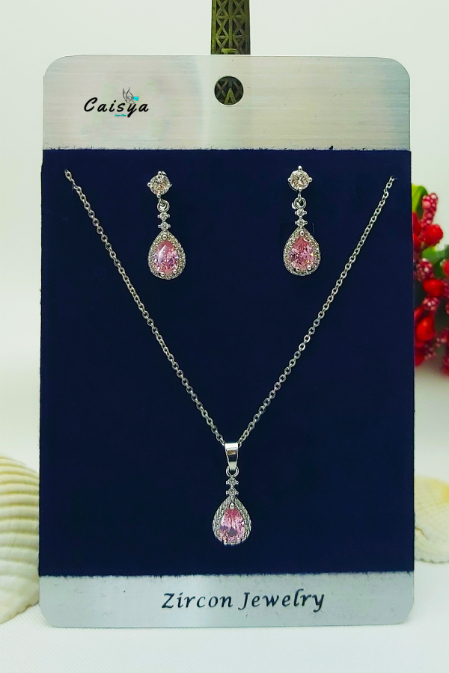 Gümüş Kaplama Su Damlası Pembe Zirkon Kolye Küpe 2’li Abiye Takı Seti