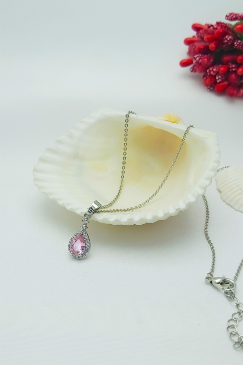 Gümüş Kaplama Su Damlası Pembe Zirkon Kolye Küpe 2’li Abiye Takı Seti