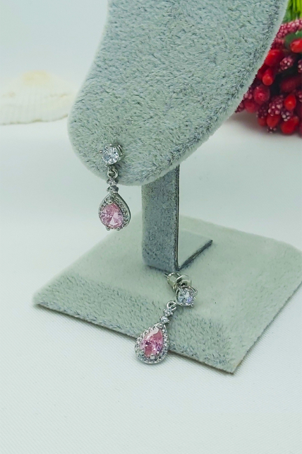 Gümüş Kaplama Su Damlası Pembe Zirkon Kolye Küpe 2’li Abiye Takı Seti