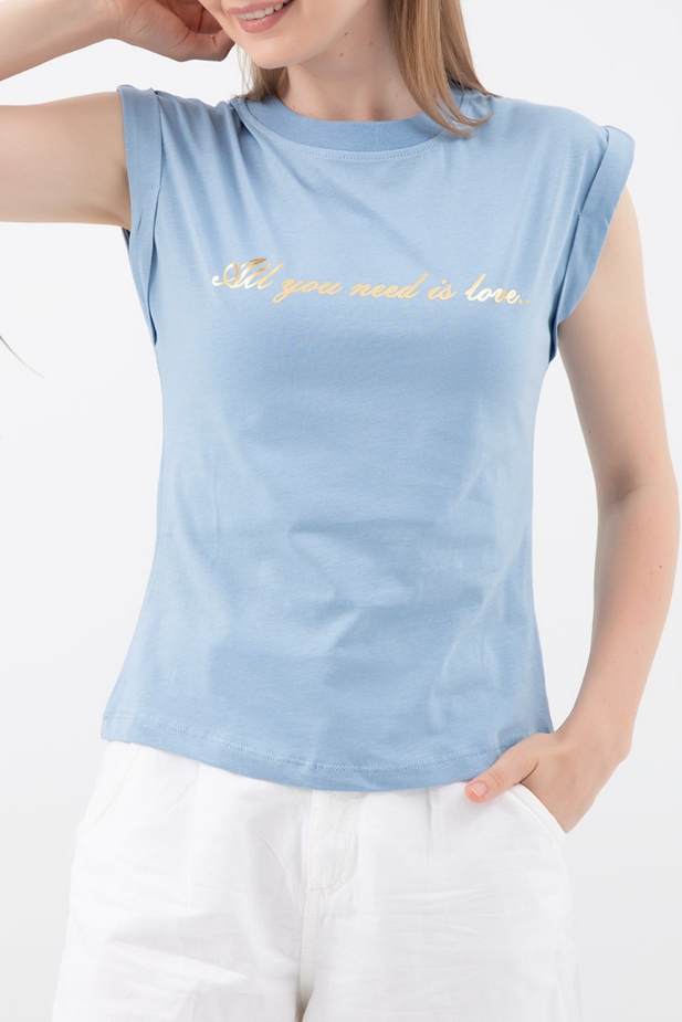 Mavi Sıfır Yaka T-shirt