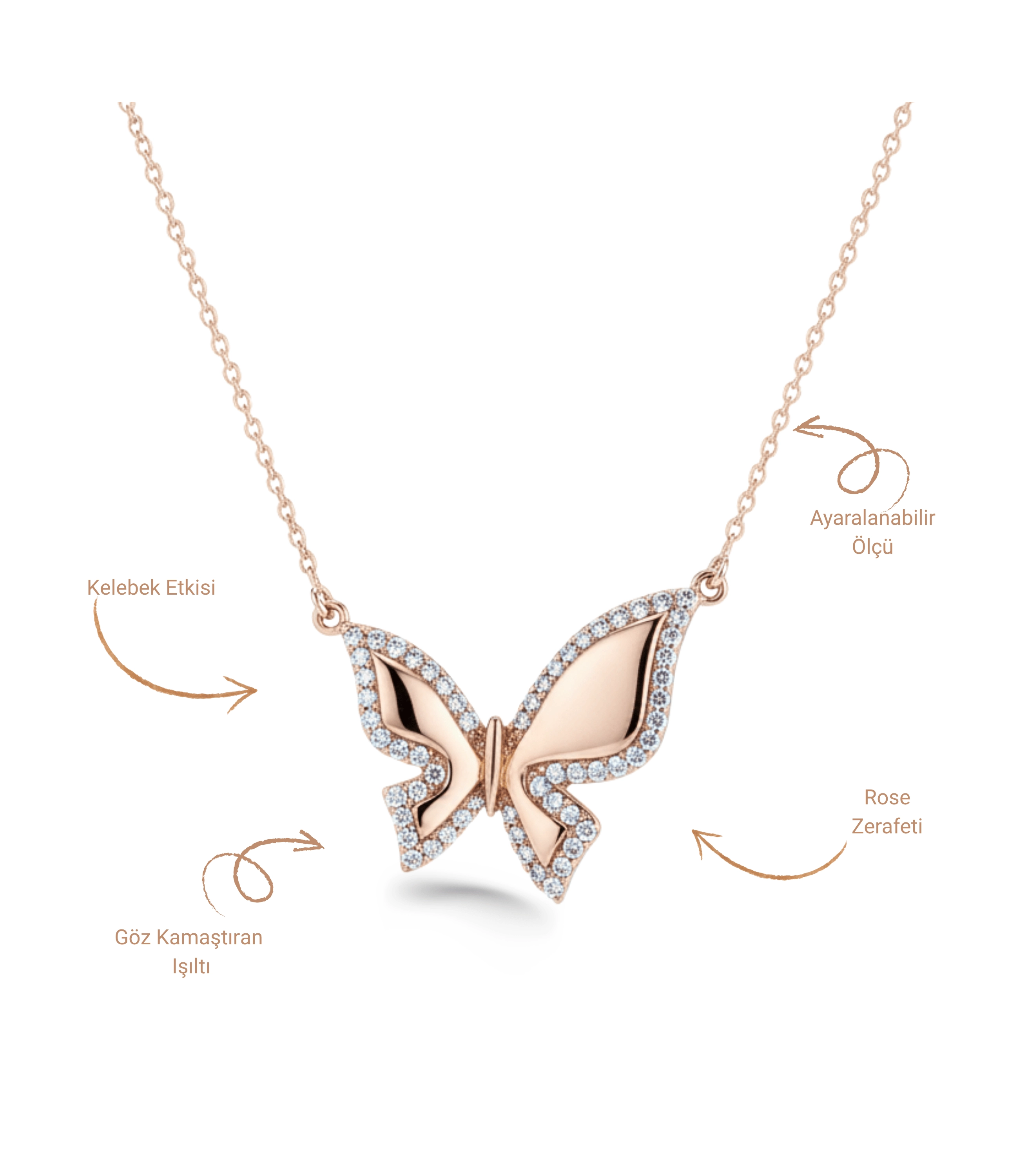 Kelebek Kolye Minimal Detaylı Rose Altın Kaplama Vip Seri Kolye Xuping 40cm
