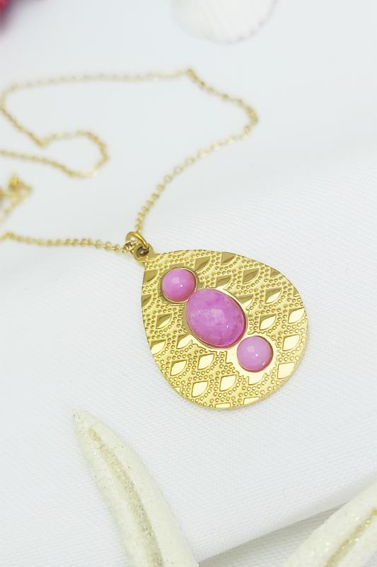 Altın Kaplama Pembe Kuvars Taşlı Kararmaz Vintage Çelik Kolye 45 cm