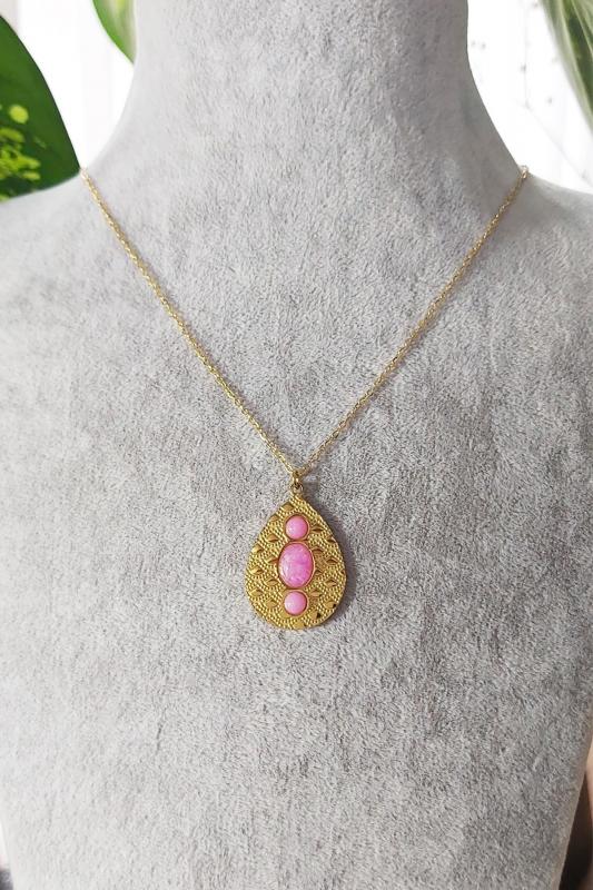 Altın Kaplama Pembe Kuvars Taşlı Kararmaz Vintage Çelik Kolye 45 cm