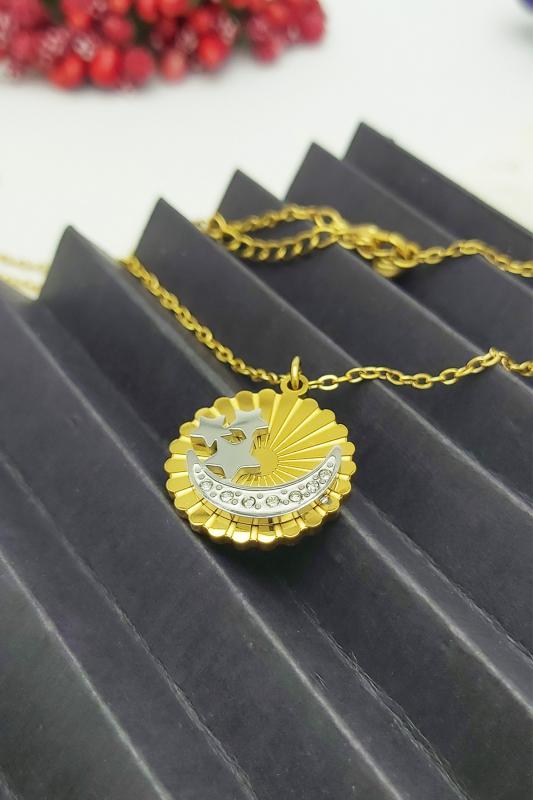 Altın Kaplama Samanyolu Kararmaz Madalyon Ay Yıldız Çelik Kolye 45 cm