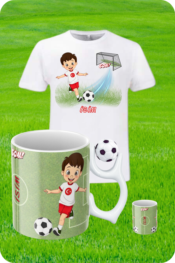 Milli Takım Kırmızı Beyaz Formalı Baskılı Pamuklu T-Shirt ve Futbol Toplu Kupa Bardak Kombin