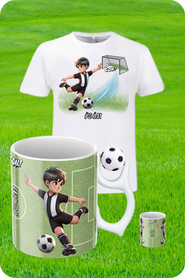 Siyah Beyaz Formalı Baskılı Pamuklu T-Shirt ve Futbol Toplu Kupa Bardak Kombin