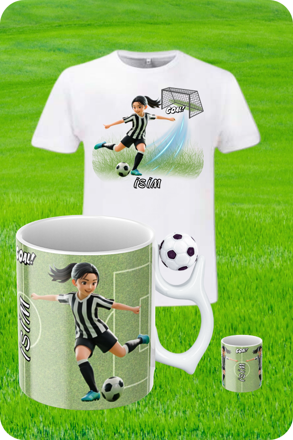 Siyah Beyaz Formalı Baskılı Pamuklu T-Shirt ve Futbol Toplu Kupa Bardak Kombin Kadın Futbolcu