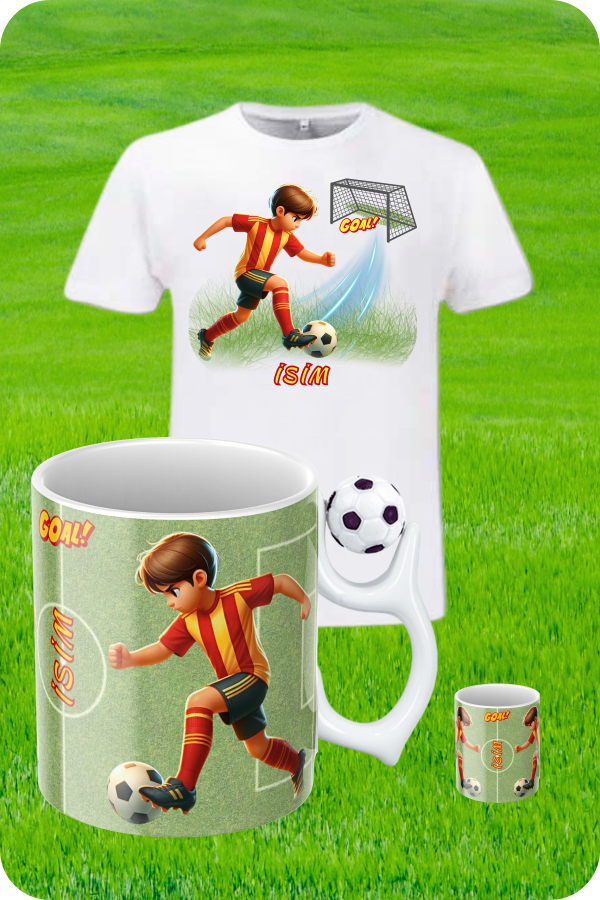 Sarı Kırmızı Formalı Baskılı Pamuklu T-Shirt ve Futbol Toplu Kupa Bardak Kombin