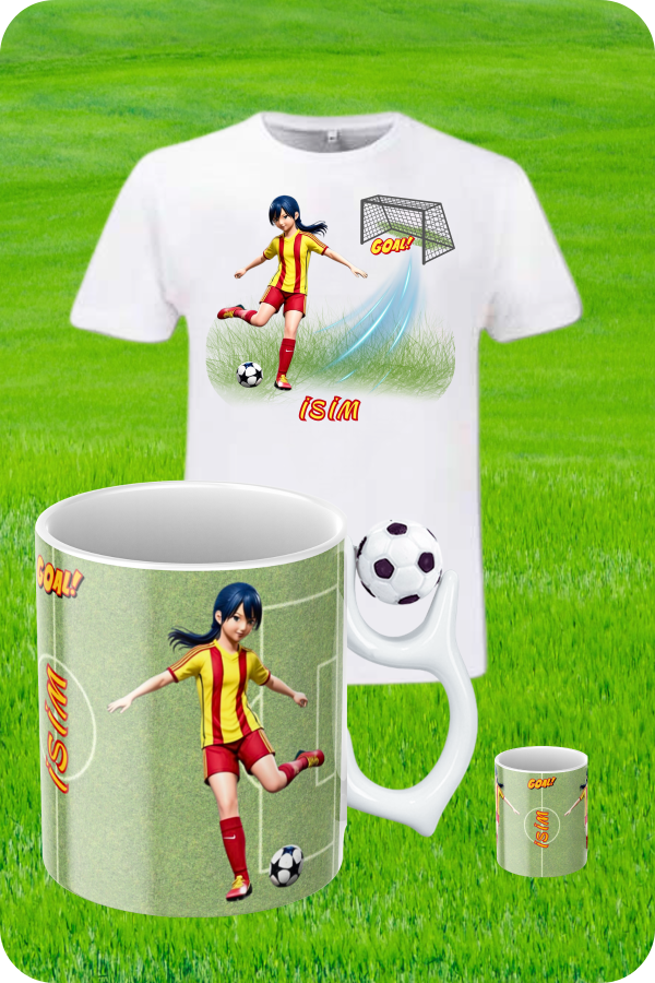 Sarı Kırmızı Formalı Baskılı Pamuklu T-Shirt ve Futbol Toplu Kupa Bardak Kombin Kadın Futbolcu