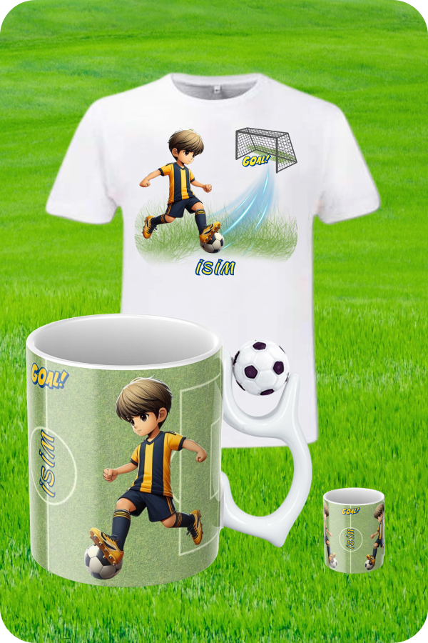 Sarı Lacivert Formalı Baskılı Pamuklu T-Shirt ve Futbol Toplu Kupa Bardak Kombin