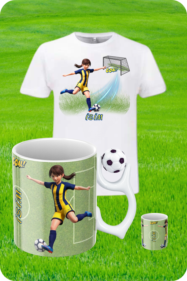 Sarı Lacivert Formalı Baskılı Pamuklu T-Shirt ve Futbol Toplu Kupa Bardak Kombin Kadın Futbolcu