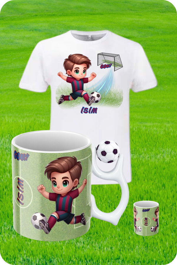 Bordo Mavili Formalı Baskılı Pamuklu T-Shirt ve Futbol Toplu Kupa Bardak Kombin