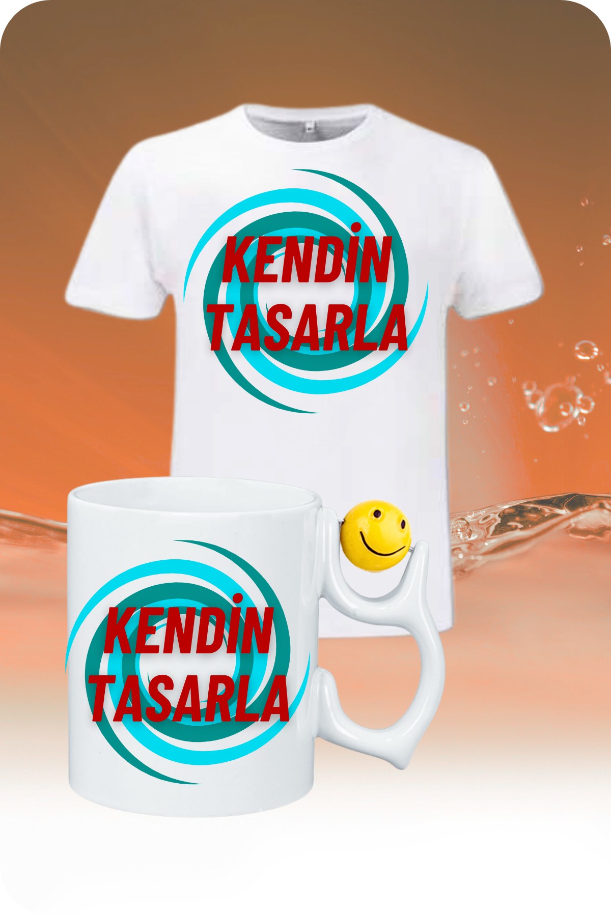 Kişiye Özel Baskılı Pamuklu T-Shirt ve Smile Emoji Toplu Kupa Bardak Kombin