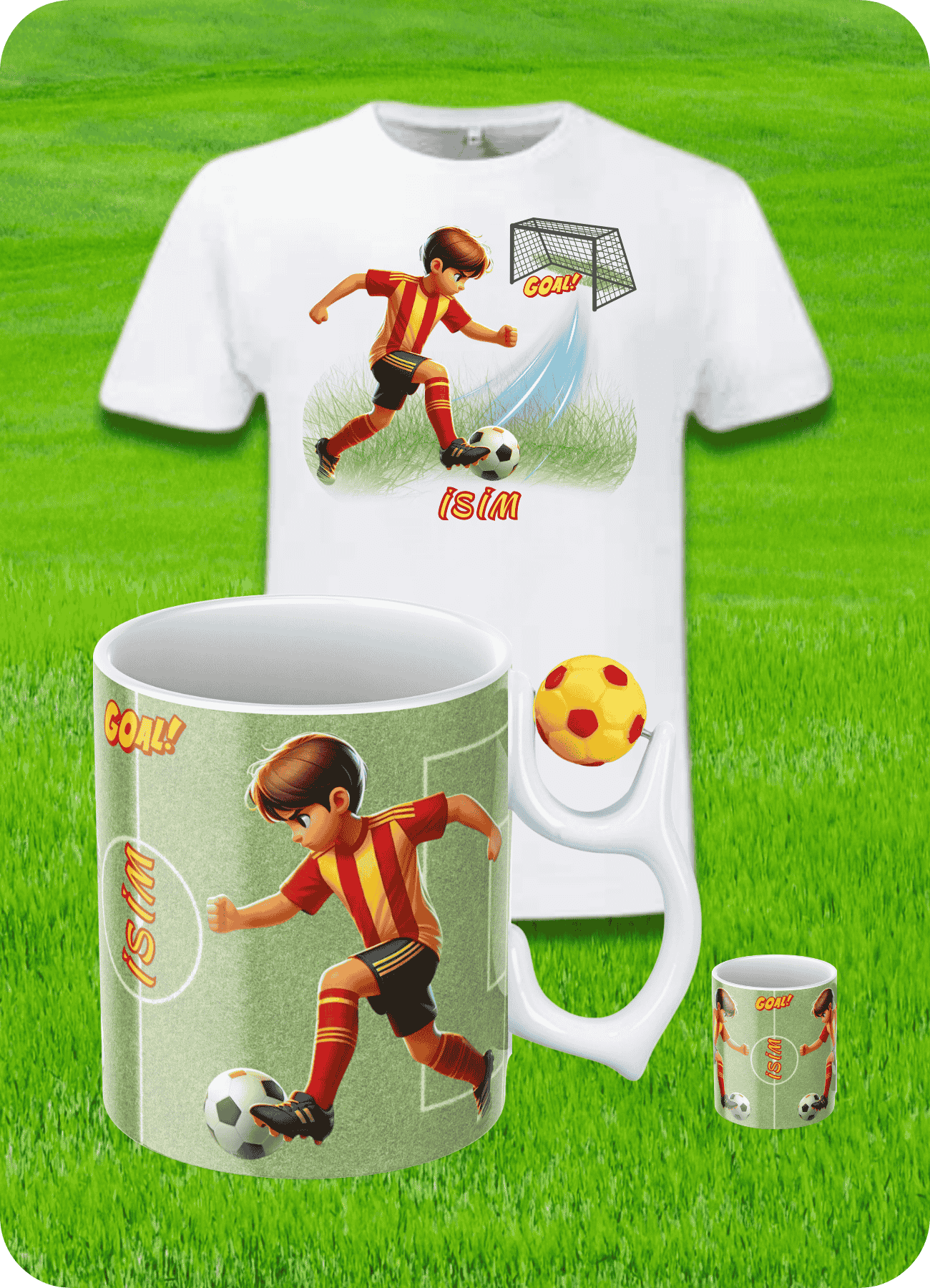 Sarı Kırmızı Formalı Baskılı Pamuklu T-Shirt ve Sarı Kırmızı Futbol Toplu Kupa Bardak Kombin