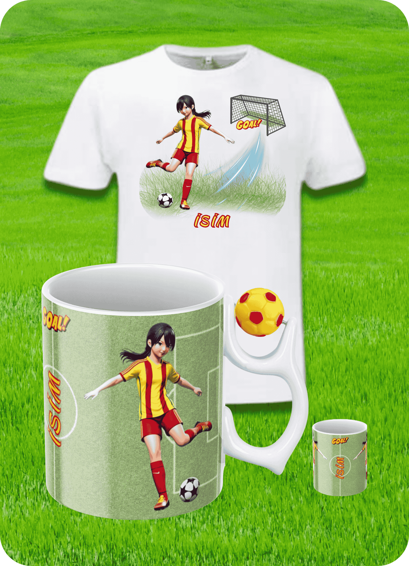 Sarı Kırmızı Formalı Baskılı Pamuklu T-Shirt ve Sarı Lacivert Toplu Kupa Kombin Kadın Futbolcu
