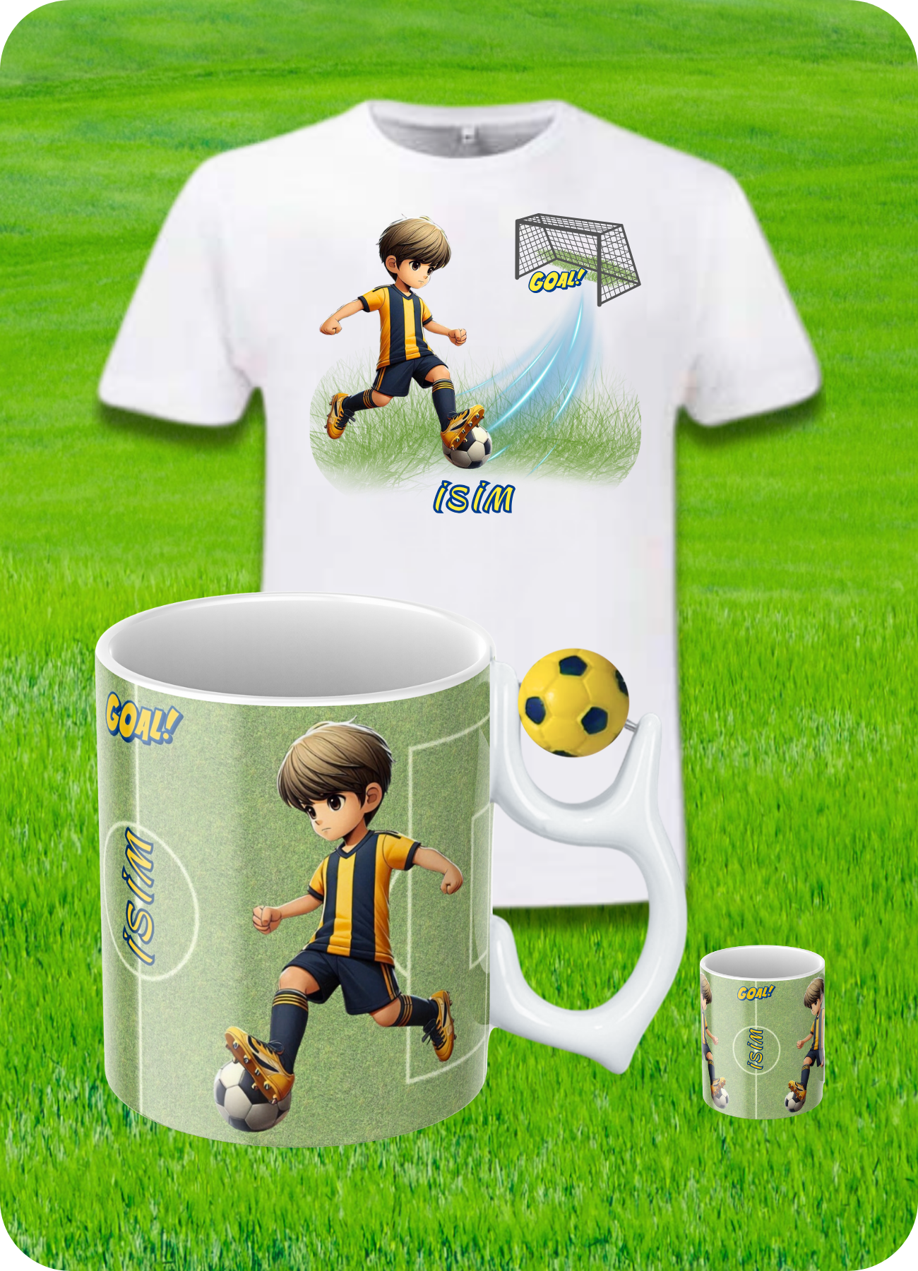Sarı Lacivert Formalı Baskılı Pamuklu T-Shirt ve Sarı Lacivert Futbol Toplu Kupa Bardak Kombin