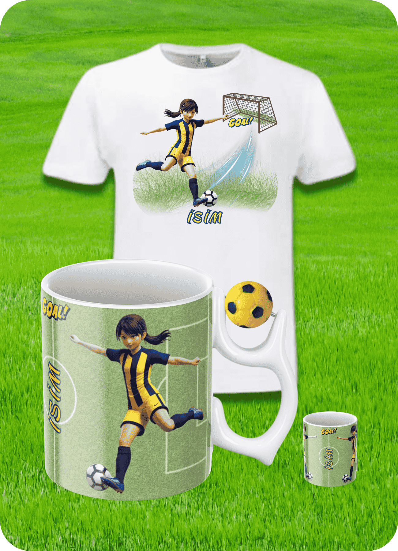 Sarı Lacivert Formalı Baskılı Pamuklu T-Shirt ve Sarı Lacivert Toplu Kupa Kombin Kadın Futbolcu