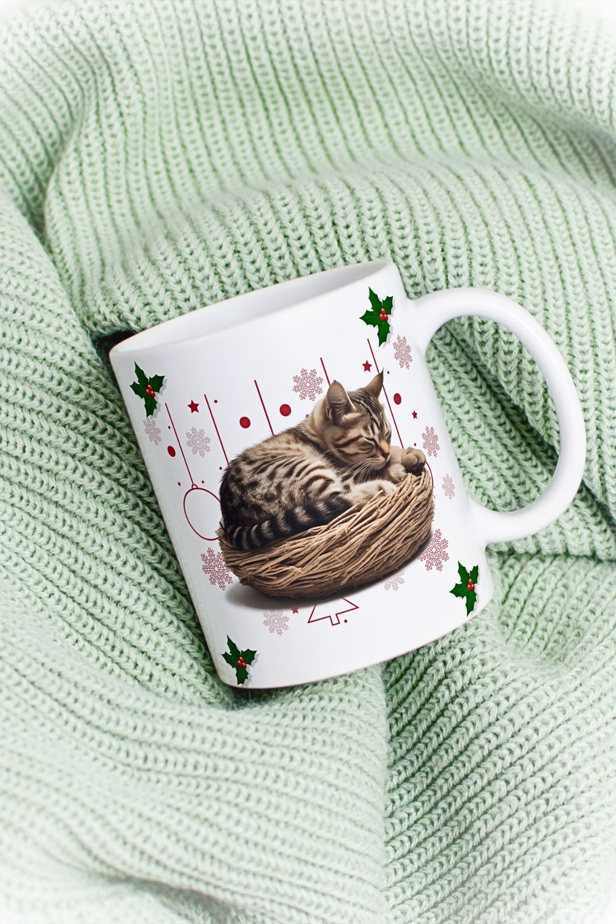 Yeni Yıl Uykucu Kedi Baskılı Kupa Bardak Porselen Çay Kahve Fincanı
