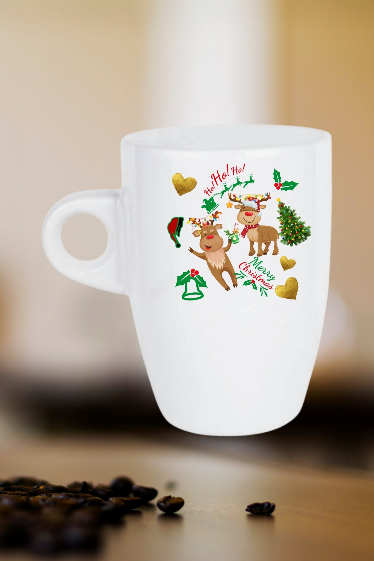 Yılbaşı Geyikli Kurabiye Baskılı Kupa Bardak Porselen Latte Filtre Kahve Fincanı