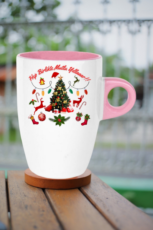 Yılbaşı Mutlu Yıllar Baskılı Kupa Bardak Porselen Latte Filtre Kahve Fincanı