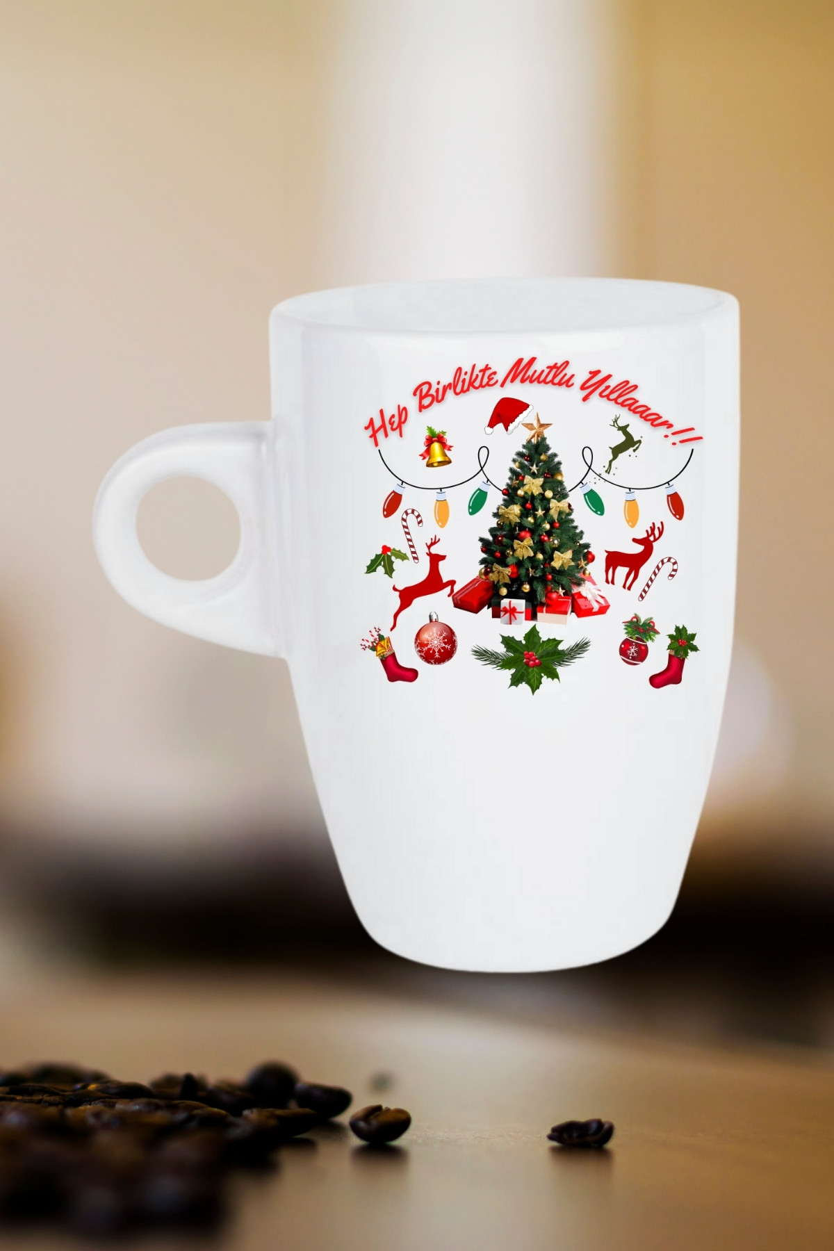 Yılbaşı Mutlu Yıllar Baskılı Kupa Bardak Porselen Latte Filtre Kahve Fincanı