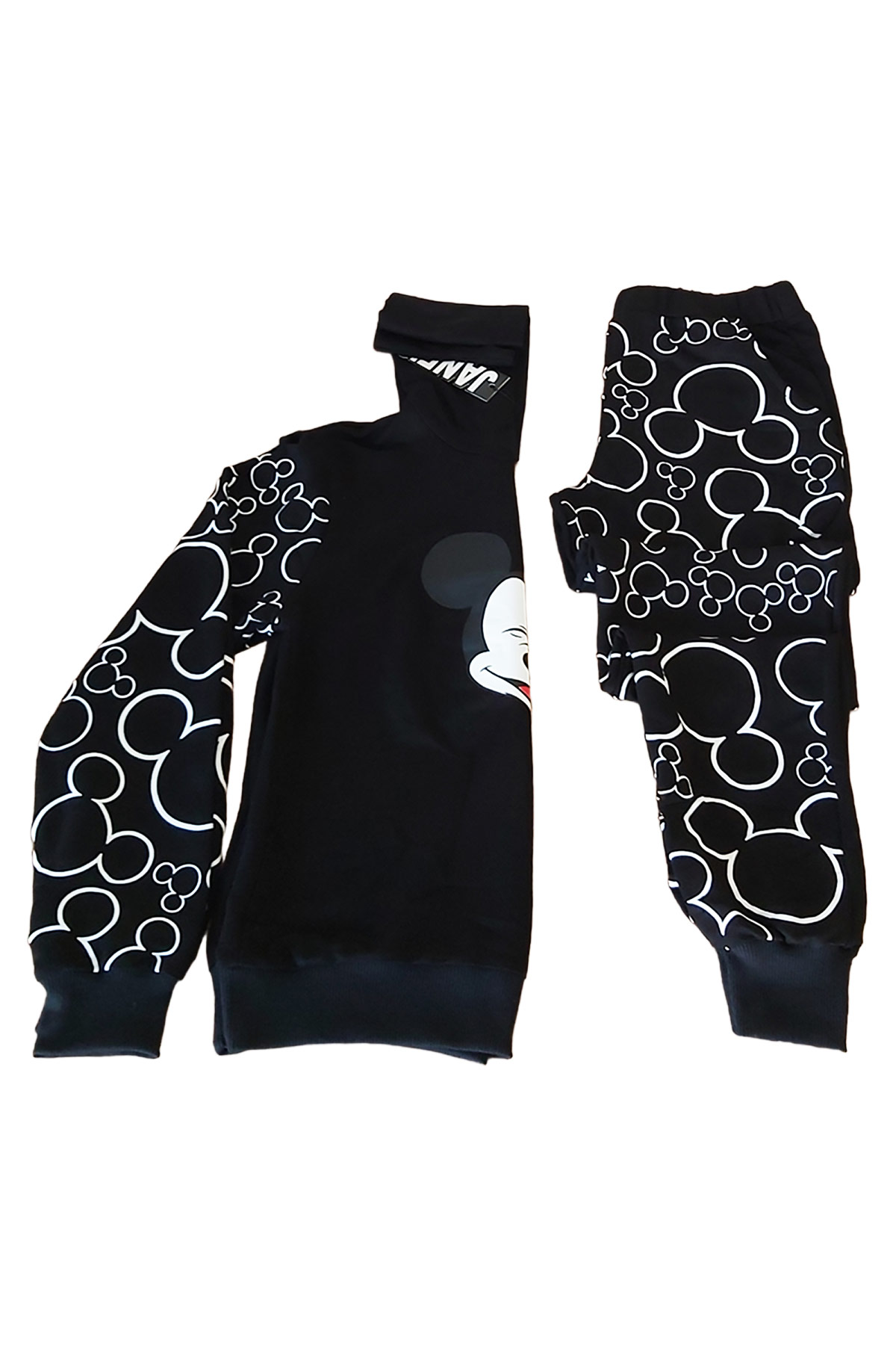 Mickey Mause Baskılı Kapüşonlu Siyah Pijama Takımı