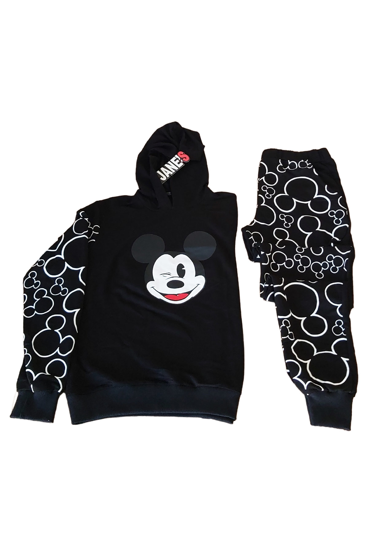 Mickey Mause Baskılı Kapüşonlu Siyah Pijama Takımı