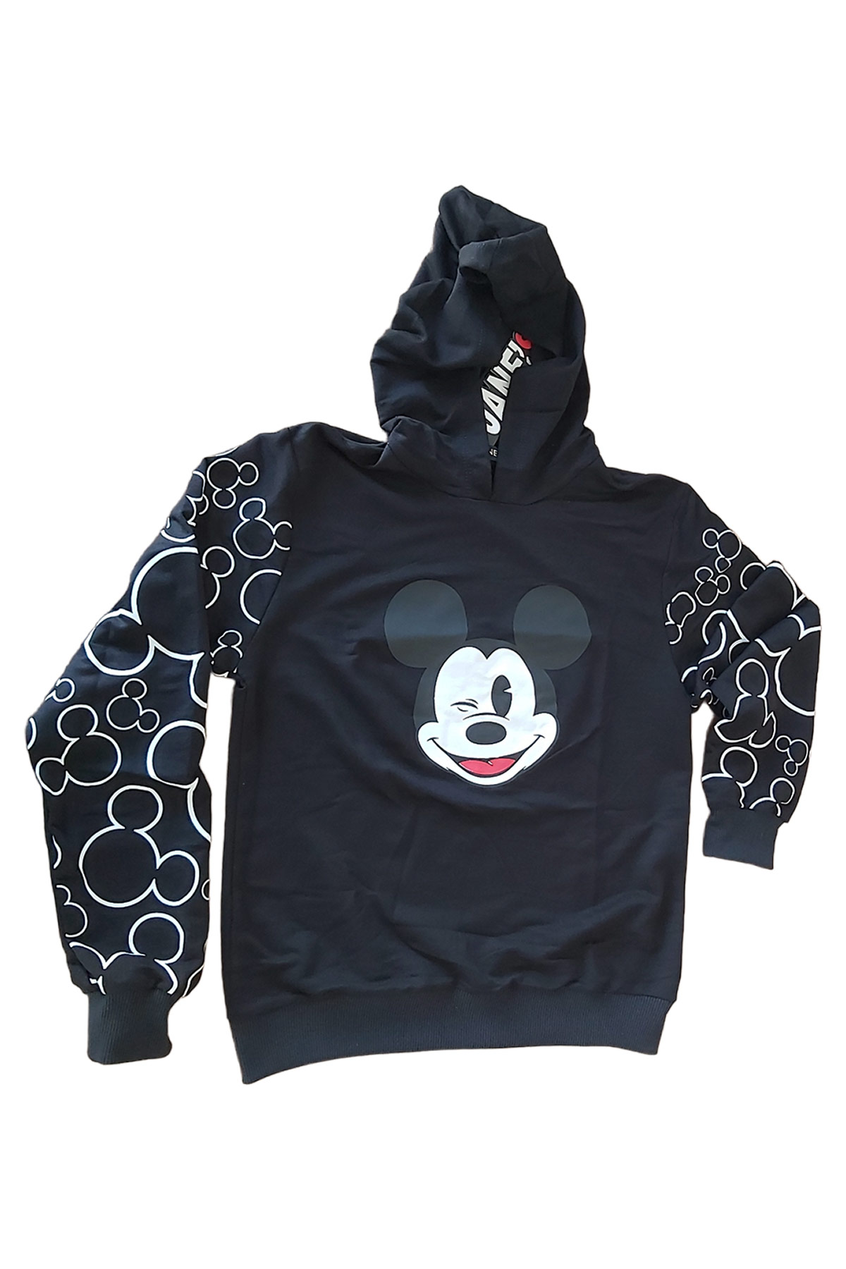 Mickey Mause Baskılı Kapüşonlu Siyah Pijama Takımı