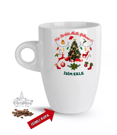 Yıl Başı Hediyesi Pembe Renkli Baskılı Porselen Latte Kupa Bardak