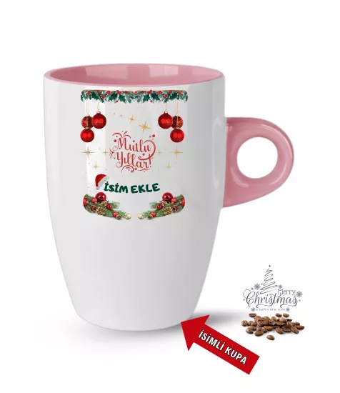 Yıl Başı Hediyesi Pembe Renkli Baskılı Porselen Latte Kupa Bardak