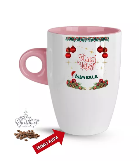 Yıl Başı Hediyesi Pembe Renkli Baskılı Porselen Latte Kupa Bardak