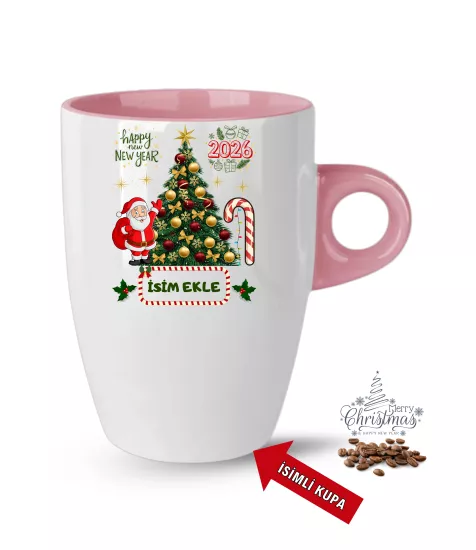 Yıl Başı Hediyesi Pembe Renkli Baskılı Porselen Latte Kupa Bardak
