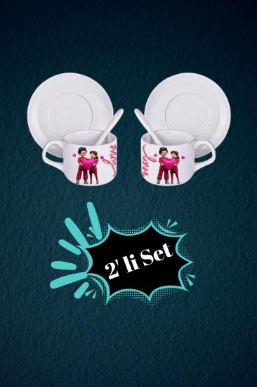 Sevgiliye Özel 2’li Set Kaşıklı Porselen Çay Kahve Fincan Seti