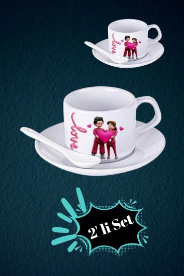 Sevgiliye Özel 2’li Set Kaşıklı Porselen Çay Kahve Fincan Seti