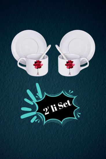 Sevgiliye Özel 2’li Set Kaşıklı Porselen Çay Kahve Fincan Seti