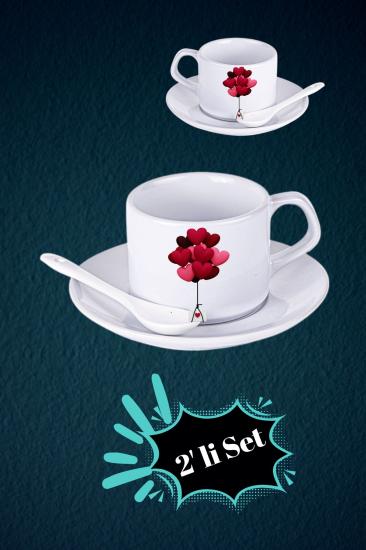 Sevgiliye Özel 2’li Set Kaşıklı Porselen Çay Kahve Fincan Seti