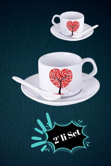 Sevgiliye Özel 2’li Set Kaşıklı Porselen Çay Kahve Fincan Seti