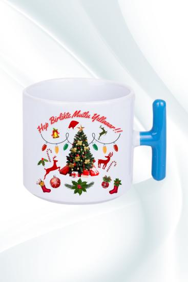 Baskılı Porselen Kırmızı Saplı T Kupa Bardak Çay Kahve Fincanı