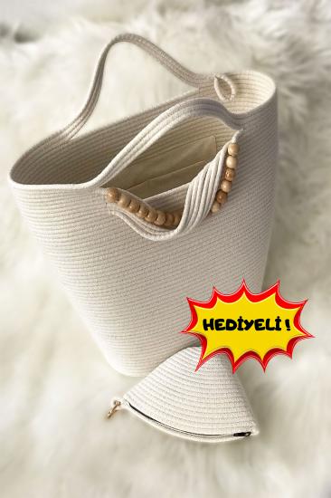 El Yapımı Jüt & Hasır Halat Pamuklu Kordon İp Çanta Büyük Boy Maksi Plaj Çantası