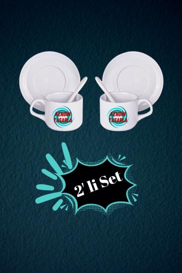 Kişiye Özel 2’li Set Kaşıklı Porselen Çay Kahve Fincan Seti