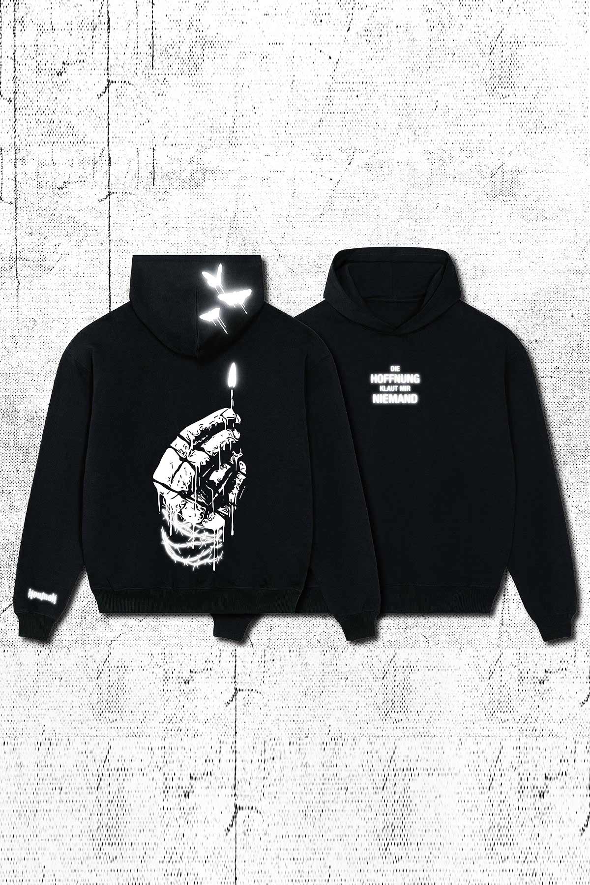 Hoodie Unisex Fire Sırt ve Ön Baskılı Oversize Siyah Kapüşonlu Kalın Sweatshirt